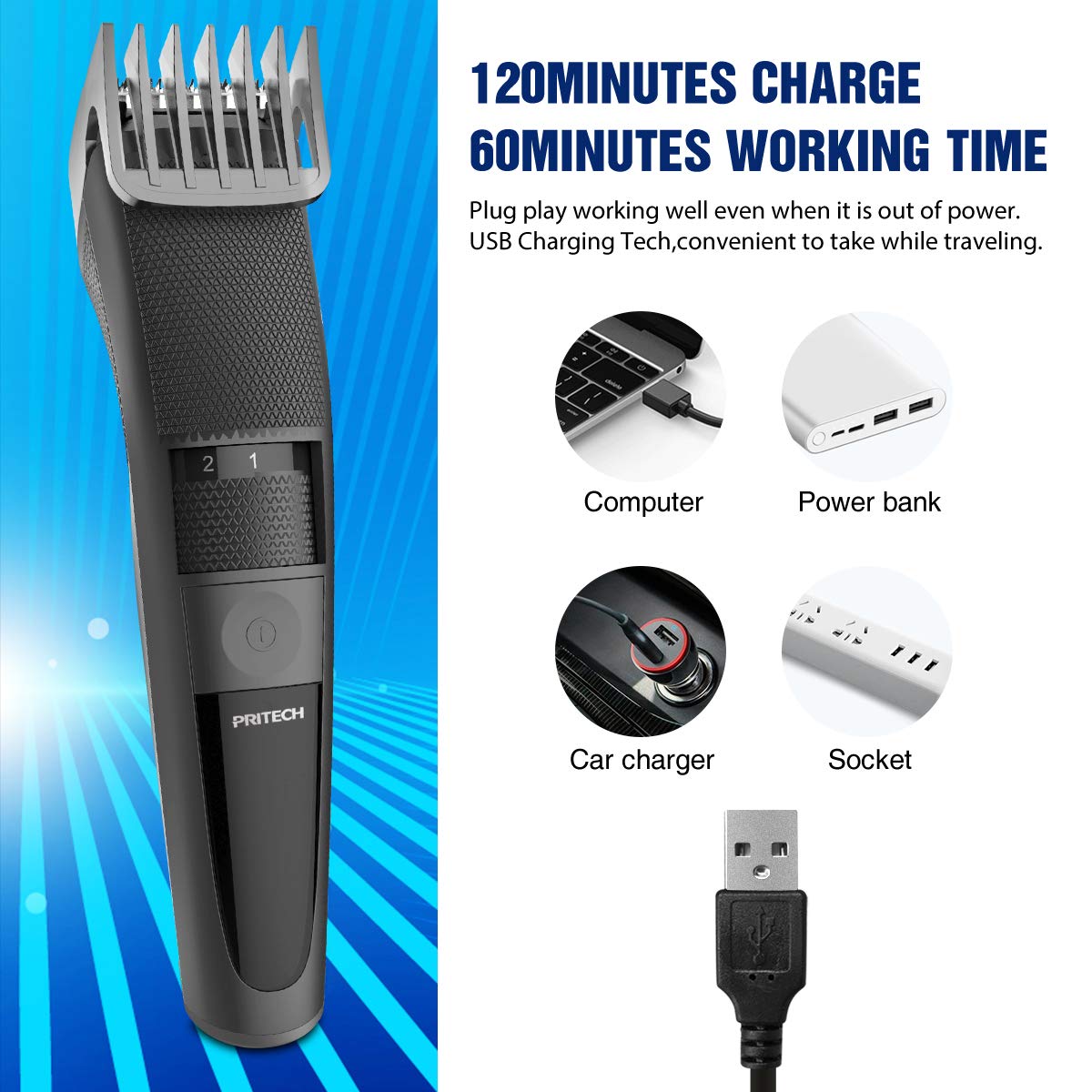 Electric Hair Clipper Cordless Beard Trimmer for Men Professional Barber Clippers, Hair Clipper with Comb Attachment and 20 Adjustable Settings, Washable Black by PRITECH…